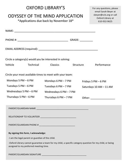 Odyssey of the Mind Application Odyssey of the Mind Application
