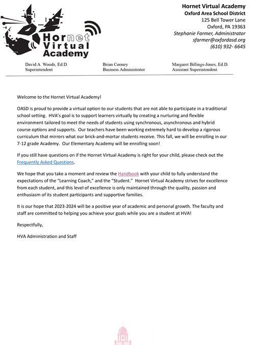 Hornet Virtual Academy Introductory Letter